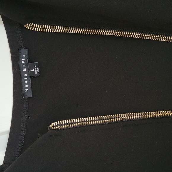 Stretchy Black Slim bodycon fitted Cocktail Dress w Gold Zipper Large - Picture 15 of 16